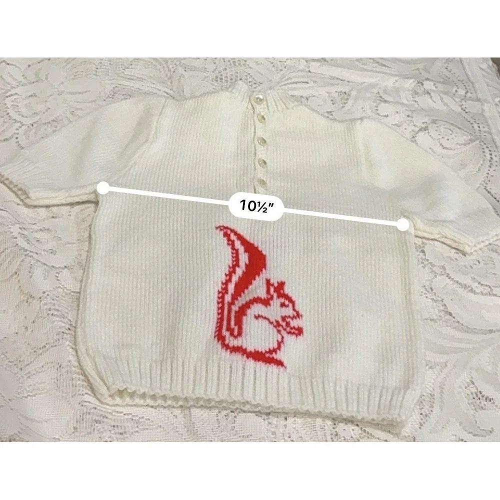 Vintage White Knit Toddler Sweater with Red Squirrel Design